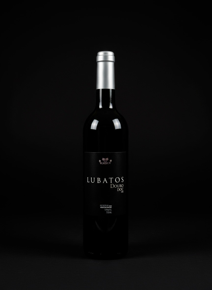 Garrafa de Lubatos Douro DOC Reserva, rótulo preto e cápsula prateada, sobre fundo escuro